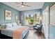 Serene bedroom featuring a large window, hardwood floors, and blue walls providing a tranquil atmosphere at 17733 Burnt Hickory Dr, Charlotte, NC 28278