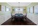Elegant dining room with dark wood floors, green walls, and stylish decor perfect for entertaining guests at 17733 Burnt Hickory Dr, Charlotte, NC 28278