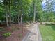 Beautiful backyard featuring a stone pathway leading to a cozy fire pit area, surrounded by trees at 1808 Mill Chase Ln, Waxhaw, NC 28173