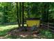 Secluded backyard shed area featuring mature trees, a cozy seating area, and fenced perimeter at 2825 Edwin Jones Dr, Charlotte, NC 28269
