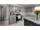 Well-equipped kitchen featuring stainless steel appliances, granite countertops, and gray cabinets at 3109 Buckleigh Dr, Charlotte, NC 28215
