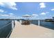 Private boat dock with dining area and a beautiful waterfront view at 3394 Governors Island Dr, Denver, NC 28037
