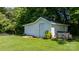 Close up of the white shed with a brick structure, complemented by a well-maintained lawn at 50 Isenhour Park Rd, Taylorsville, NC 28681