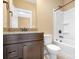Bathroom with vanity, granite countertop, tile flooring, and shower over tub at 738 Kemp Rd, Mooresville, NC 28117