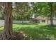Large grassy backyard showcasing mature trees, a hammock, and a partial view of the home's exterior at 14747 Pomerol Ln, Pineville, NC 28134