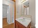 Bathroom featuring a wooden vanity with a sink and a tiled backsplash at 197 Horseshoe Loop, Statesville, NC 28625
