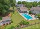 Aerial view of an outdoor pool and patio, lawn, lush landscaping and detached building at 2256 Drawbridge Ct, Rock Hill, SC 29732