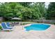 Relaxing poolside view features lounge chairs, a dining area, lush trees and an inground pool at 2410 Monticello Dr, Gastonia, NC 28056
