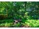 A relaxing backyard area with an inviting fire pit, surrounded by lush greenery and flowering plants at 310 25Th Nw Ave, Hickory, NC 28601