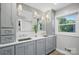 Bathroom featuring dual sinks with grey cabinets, quartz countertops, and modern fixtures at 310 25Th Nw Ave, Hickory, NC 28601