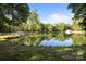 Scenic pond view, reflecting the sky, surrounded by mature trees, and charming bridge in a lush setting at 322 Oakview Dr, Salisbury, NC 28146