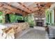 Outdoor patio with stone fireplace, stone bar, grill, and wooded views at 3311 Camden Rd, Marshville, NC 28103