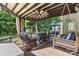 Beautiful covered back porch featuring a swing, ceiling fan, and outdoor seating at 3717 Bounty Ct, Matthews, NC 28104