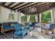 Inviting covered patio with comfortable seating, ceiling fan, and a backyard view at 3717 Bounty Ct, Matthews, NC 28104