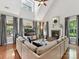 Bright living room features vaulted ceilings, large windows, fireplace, and hardwood flooring with neutral colored furnishings at 5955 Mountain Point Ln, Charlotte, NC 28216