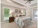 Tranquil main bedroom with plush carpet, ceiling fan, neutral colors, and large windows offering serene views at 5955 Mountain Point Ln, Charlotte, NC 28216
