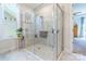 Bright bathroom with glass shower and white marble tile, creating a spa-like atmosphere at 8516 Profit Ln, Charlotte, NC 28215
