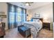 Bedroom with large windows, blue drapes, and a stylish bed featuring blue and white patterns for a calming retreat at 8516 Profit Ln, Charlotte, NC 28215