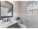 Charming powder room featuring a stylish vanity, decorative mirror, and crisp white beadboard wainscoting at 112 Steeplechase Ave, Mooresville, NC 28117