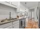 Close-up of kitchen sink and countertop, highlighting stylish granite and tile backsplash at 558 Oakland Ave, Charlotte, NC 28204