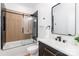 Stylish bathroom featuring a sleek shower with glass enclosure, and modern vanity at 135 Brookview Dr, Shelby, NC 28152