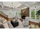 Elegant living room with a stone fireplace, coffered ceiling, and hardwood floors at 3408 Sandalwood Ln, Waxhaw, NC 28173
