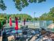 Tennis court area featuring tables with umbrellas, providing a comfortable viewing spot at 1377 Shinnecock Ln, Fort Mill, SC 29707