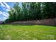 Lush backyard featuring a retaining wall, with mature evergreens, and open lawn at 16016 Reynolds Dr, Fort Mill, SC 29707