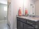 Bathroom features a gray vanity with granite countertop and a shower with a patterned shower curtain at 3227 Cape Fox Ct, Denver, NC 28037
