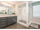 Modern bathroom featuring a glass-enclosed shower and a vanity with gray cabinets at 3227 Cape Fox Ct, Denver, NC 28037