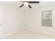 Bright bedroom features a neutral carpet, ceiling fan, and natural light from the window at 7643 Monarch Birch Ln, Charlotte, NC 28215