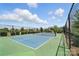 Well-maintained tennis court with green and blue surface, surrounded by a black fence and mature trees at 10120 Berkeley Castle Dr, Charlotte, NC 28273