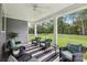 A well-appointed covered patio with comfortable seating overlooks a spacious backyard and fence at 3022 Trace Meadow Ct, York, SC 29745