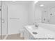 Modern bathroom with double vanity sinks, white cabinets, and a glass-enclosed shower at 614 Wabash Ave # 9, Charlotte, NC 28208
