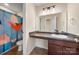 Bathroom vanity with sink, decorative mirror and large decorative shower curtain at 4732 Gibbons Link Rd, Charlotte, NC 28269