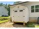 Exterior view of a white storage shed, situated on a grassy lot at 7516 O'Hara St, Huntersville, NC 28078