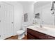 Well-lit half-bathroom with a dark wood vanity and white walls at 7612 Turley Ridge Ln, Charlotte, NC 28273