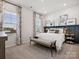 Comfortable bedroom with a padded headboard, two large windows, and stylish decorative accents at 1056 Mapletree Ln, Indian Trail, NC 28079