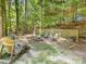 Wooded backyard features a fire pit, wood seating and mature trees at 11126 Windgate Ct, Tega Cay, SC 29708