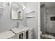 Charming bathroom featuring a modern vanity with a clear glass bowl sink and tiled walk-in shower at 1510 Sansberry Rd, Charlotte, NC 28262