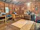 Interior view of the outbuilding filled with plywood, paint, and tools at 201 Barnes Ln, Stony Point, NC 28678