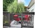 Secluded wooden patio with table and chairs featuring red cushions at 4204 Canipe Dr, Charlotte, NC 28269