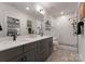 Bathroom featuring double sinks, gray vanities, a glass-enclosed shower, and stylish fixtures at 460 E 33Rd St, Charlotte, NC 28205
