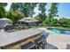 Outdoor pool area with stone bar, built-in grill, lounge chairs and umbrella perfect for entertaining at 711 Yadkin St, Albemarle, NC 28001