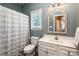 Cozy bathroom featuring a tub with a shower curtain, a toilet, and a vanity with an eye-catching mirror at 2124 Congress Ct, Kannapolis, NC 28083