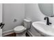 Compact powder room with modern fixtures, including a sleek toilet and sink, blending functionality with contemporary design at 344 S Laurel Ave, Charlotte, NC 28207