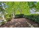 Tranquil backyard featuring mature trees, manicured shrubs, and natural mulch ground cover at 3535 Selwyn Farms Ln, Charlotte, NC 28209