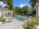 Inviting backyard featuring a sparkling pool, outdoor seating, and manicured landscaping at 6745 Lancer Dr, Charlotte, NC 28226