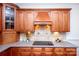 Close up on the kitchen featuring custom wood cabinets and tile backsplash at 7554 Bluestar Ln, Charlotte, NC 28226