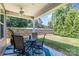 Cozy covered patio with outdoor seating, fan, and view of the landscaped backyard at 101 Daybreak Ln, Belmont, NC 28012